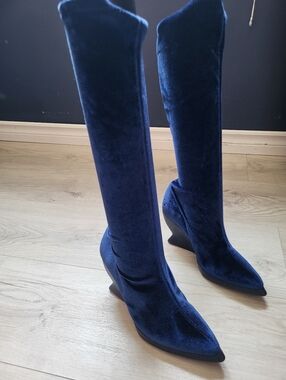 John Fluevog Blue Velvet Boots 7